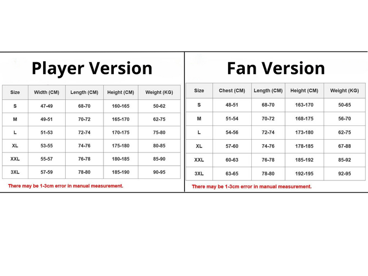 Sizing Chart Sports Jersey Plug